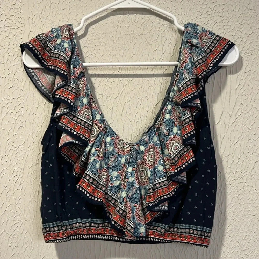 Charlotte Russe Vintage Navy Ruffled crop top size small